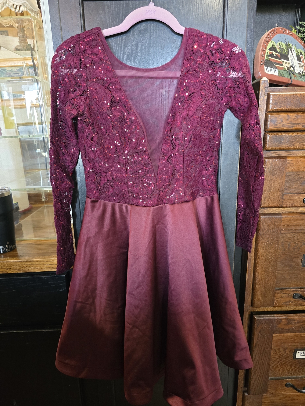 My Michelle Deep Burgundy Lace & Satin Long Sleeve Dress Size 5